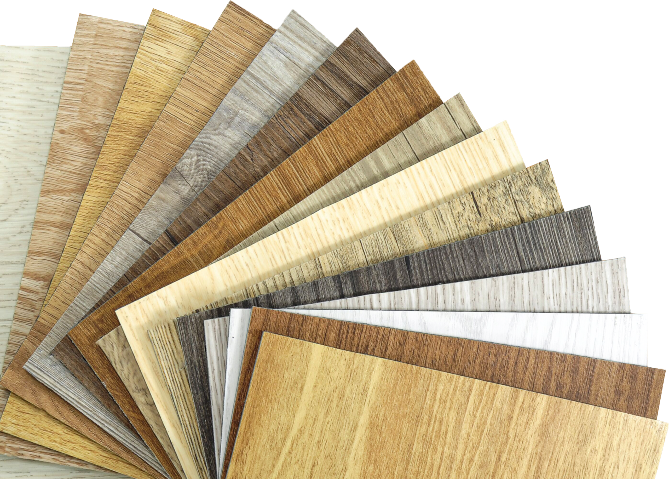 Swatches of various wooden textures and colors arranged in a fan shape, showcasing options for flooring or decor materials.